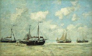 Łodzie na brzegu w Scheveningen; Scheveningen, Statki opuszczone na Greve, 1875 autorstwa Eugene Louis Boudin
