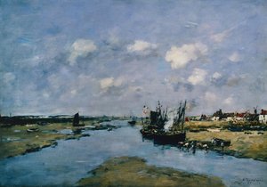 Lacanche podczas odpływu, Etaples (olej na płótnie) autorstwa Eugene Louis Boudin