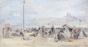 People on the Beach, Trouville, 1866 (toaleta i grafit na papierze) autorstwa Eugene Louis Boudin