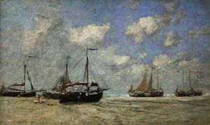 Scheveningen, Łodzie opadają na mieliznę na brzegu; Scheveningen, Bateaux Echoues sur la Greve, 1875 autorstwa Eugene Louis Boudin