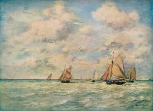 Wyjście z łodzi w Trouville, XIX wiek autorstwa Eugene Louis Boudin