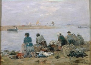 Praczki nad brzegiem rzeki Touques w pobliżu Trouville, Eugene Boudin, obraz autorstwa Eugene Louis Boudin