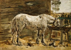 Biały koń przy poidłach, ok. 1885-90 autorstwa Eugene Louis Boudin