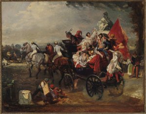 Przewóz mężczyzn i kobiet w kostiumach na Polach Elizejskich, 1834 autorstwa Eugene Louis Lami