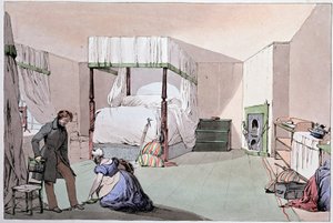 Hostel: służący pomagający klientowi założyć buty. Ilustracja Eugene Louis Lami (1800-1890), połowa XIX wieku autorstwa Eugene Louis Lami