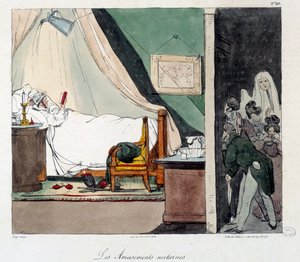 Nocna zabawa. Dzieci boją się przestraszyć osobę czytającą w łóżku. Ilustracja do książki „La vie de chateau””. Grawerowanie Eugene Louis Lami (1800-1890) autorstwa Eugene Louis Lami