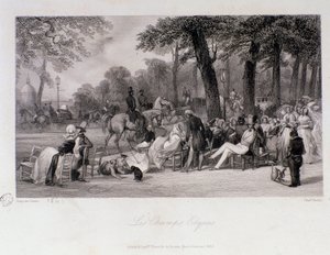 Pasażerowie i spacerowicze na Polach Elizejskich (Champs-Elysees) w Paryżu. Grawer Eugene Louis Lami (1800-1890) 1841 Kolekcja prywatna autorstwa Eugene Louis Lami