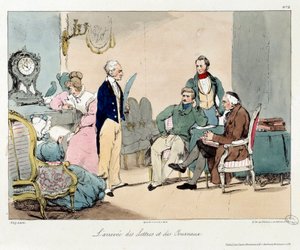 Nadejście listów i gazet. Ilustracja do książki „La vie de chateau””. Grawerowanie Eugene Louis Lami (1800-1890) autorstwa Eugene Louis Lami