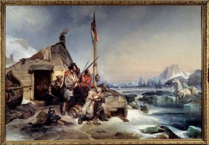Zima załogi holenderskich żeglarzy na wybrzeżu New Zemble Polar Bear Hunters na arktycznych wyspach New Zemble. Obraz Eugene