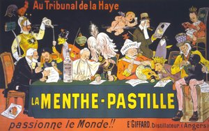 Plakat rysunkowy na Konferencji Pokojowej w Hadze w 1899 r.: „”Na dworze w Hadze miętowo-pastylka – pasjonuje świat!” Eugène Ogé (1861 - 1936)