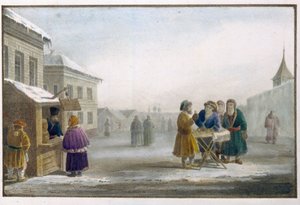 Wędrowny sprzedawca tytoniu przed sklepem tytoniowym w Rosji. Praca Eugene Pluchart (1809-1880), litografia i akwarela