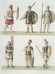 Żołnierze rzymscy, fragment z tablicy 2, klasa 5 części I Historii Narodów, rytowany przez akwatintę Buttazona patrz także 93289 autorstwa Eugenio Bosa