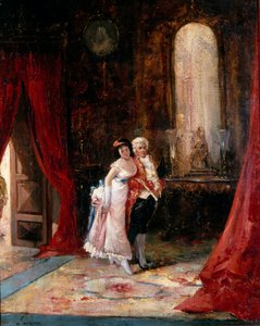 Pewność siebie. Elegancka młoda kobieta na ramieniu lokaja podąża naprzód ze spojrzeniem będącym mieszanką ciekawości i troski. Obraz autorstwa Eugenio Lucasa Villamila (1858-1918). Olej na płótnie. Kolekcja prywatna. autorstwa Eugenio Lucas Villamil