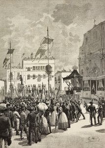 Inauguração do monumento a Victor Emmanuel II (1820-1878), primeiro rei da Itália, na presença de Umberto I (1844-1900), rei da Itália, estátua de Eugenio Maccagnani (1852-1930), Lecce, Itália autorstwa Eugenio Maccagnani