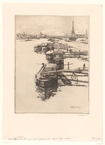Nabrzeże z omnibusami w Paryżu z wieżą Eiffla w tle autorstwa Eugène Bejot (signed by artist)