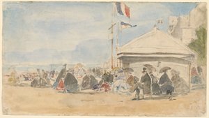 Dom na plaży z flagami w Trouville autorstwa Eugène Boudin