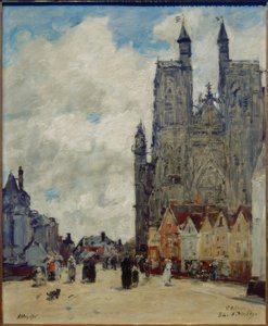 Ulica i kościół Saint-Vulfran autorstwa Eugene Louis Boudin