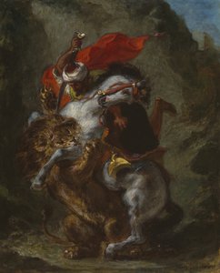 Arabski jeździec zaatakowany przez lwa autorstwa Eugène Delacroix