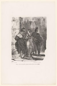Faust probeert Grietje te verleiden Faust: Moja piękna młoda damo, czy odważyłbym się podać ci ramię i odwieźć do domu? (tytuł na obiekcie) Faust (tytuł serii) Faust, tragedia p. de Goethego (tytuł serialu) autorstwa Eugène Delacroix
