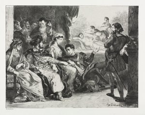 Hamlet: Hamlet nakazuje aktorom zrobić scenę z otrucia swojego ojca autorstwa Eugène Delacroix