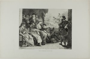 Hamlet sprawia, że gracze odgrywają zatrucie jego ojca, plansza 7 z Hamleta autorstwa Eugène Delacroix