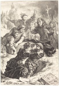 Hamlet i Laertes w grobie Ofelii (akt V, scena I) autorstwa Eugène Delacroix