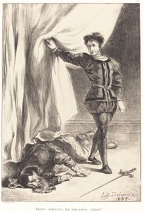 Hamlet i ciało Poloniusza (akt III, scena IV) autorstwa Eugène Delacroix