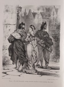 Ilustracje do Fausta: Faust stara się zwabić Marguerite autorstwa Eugène Delacroix