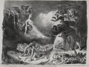 Ilustracje do Fausta: Faustowi ukazuje się cień Małgorzaty autorstwa Eugène Delacroix