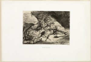 Lew pożerający konia autorstwa Eugène Delacroix