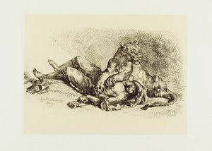 Lwica rozdziera piersi Araba autorstwa Eugène Delacroix
