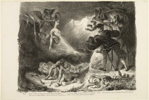 Duch Marguerite ukazujący się Faustowi, z filmu Faust autorstwa Eugène Delacroix