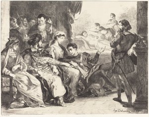 Gracze inscenizujący otrucie ojca Hamleta (akt III, scena II) autorstwa Eugène Delacroix