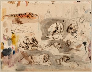 Szkice tygrysów i mężczyzn w strojach z XVI wieku autorstwa Eugène Delacroix