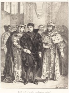 Królowa próbuje pocieszyć Hamleta Akt I, scena II, 1834. autorstwa Eugène Delacroix