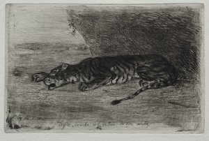 Tygrys śpi przy wejściu do swojej kryjówki autorstwa Eugène Delacroix