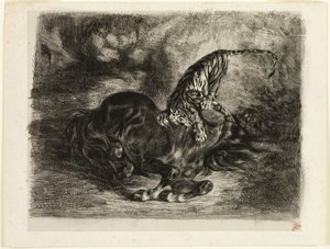 Dziki koń powalony przez tygrysa autorstwa Eugène Delacroix