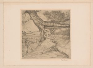 Siewca i leżąca postać ze złożonymi rękami w krajobrazie autorstwa Eugène Joors (signed by artist)