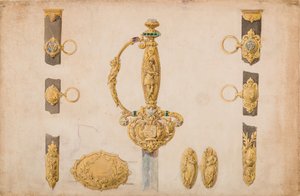 Projekt okucia rękojeści miecza, pochwy i pasa, ca. 1840-50. autorstwa Eugène Julienne.