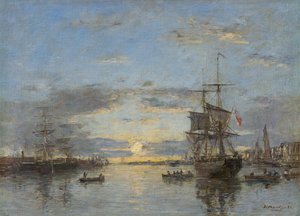 Niemcy: Hawr. Port zewnętrzny o zachodzie słońca Hawr: Port zewnętrzny o zachodzie słońca autorstwa Eugene Louis Boudin