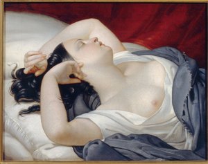 Śpiąca Włoszka. Piękna kobieta z zamkniętymi oczami i odkrytą piersią, śpiąca lubieżnie na brzegu łóżka. Obraz Eugene Pluchart (1809-1880), olej na płótnie, ok. 1840 r. Sztuka francuska