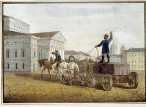 Transport bloków granitowych na plac teatralny w Sankt Petersburgu. Praca Eugene Pluchart (1809-1880), akwarela na litografii