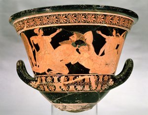 Czerwonofigurowy kielich-krater ze strychu przedstawiający Heraklesa walczącego z Antaeus, z Cervetri, Włochy, ok. 510 p.n.e. (ceramika) (patrz także 92570)