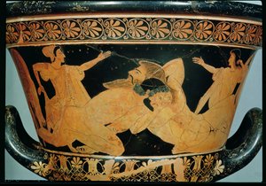 Czerwonofigurowy kielich-krater ze strychu przedstawiający Heraklesa walczącego z Antaeus, z Cervetri, ok. 510 pne (ceramika) (patrz także 92569)