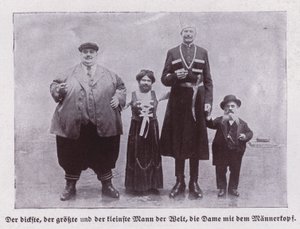 Najgrubszy, najwyższy i najniższy mężczyzna na świecie i brodaty dama (zdjęcie czarno-białe)
