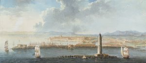 Widok portu od strony morza, prawdopodobnie Livorno (długopis, brązowy tusz i gwasz) autorstwa European School
