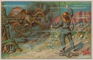 Nurek zagrożony przez ośmiornicę (chromolitho) autorstwa European School