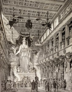 Wizja artystyczna posągu bogini Ateny w Partenonie w Atenach w okresie klasycznym, z „El Mundo Ilustrado”, opublikowanej w Barcelonie, 1880 (lito) autorstwa European School