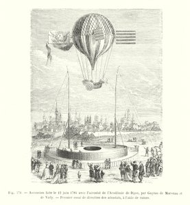 Wejście dokonane 12 czerwca 1784 r. z aerostatu Akademii w Dijon, Guyton de Morveau i de Virly, Pierwsza próba kierunku aerostatów z użyciem wioseł (rycina) autorstwa European School