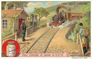Dzwonki ostrzegające przed zbliżającymi się pociągami na przejeździe kolejowym (chromolitho) autorstwa European School